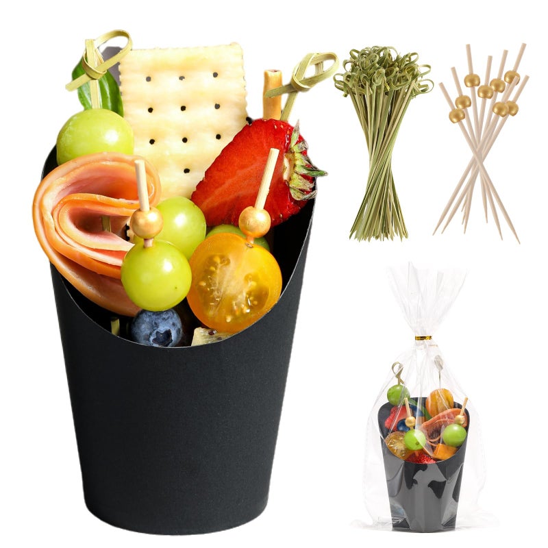 Disposable Charcuterie Cups 60 PCS with 200PCS Sticks and 60PCS Bags 14 oz Kraft Paper Snack Boxes Appetizers Cup French Fry Holder with Cocktail Skewers Toothpicks Tooth Picks Black