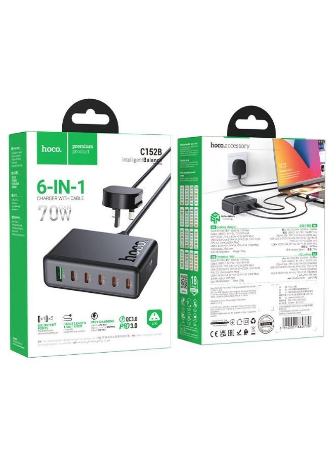 hoco. C152B GaN 70W 6-in-1 Fast Charger | USB-A + USB-C Multi-Port Desktop Charger | Intelligent Balance | UK Plug | 1.8m Cable | 1 Year Warranty - Image 1