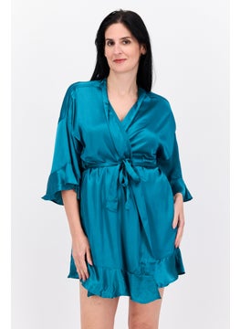 BRAVE SOUL Women Short Sleeves Satin Kimono Sleepwear, Teal  - Image 1