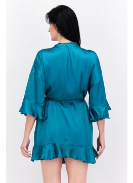 BRAVE SOUL Women Short Sleeves Satin Kimono Sleepwear, Teal  - Image 3
