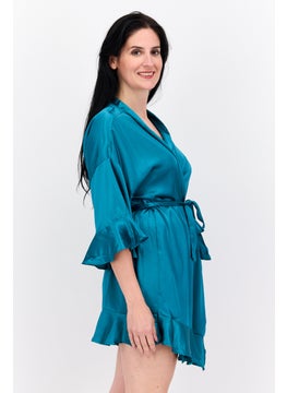 BRAVE SOUL Women Short Sleeves Satin Kimono Sleepwear, Teal  - Image 2