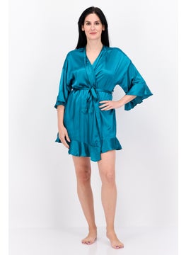 BRAVE SOUL Women Short Sleeves Satin Kimono Sleepwear, Teal  - Image 4