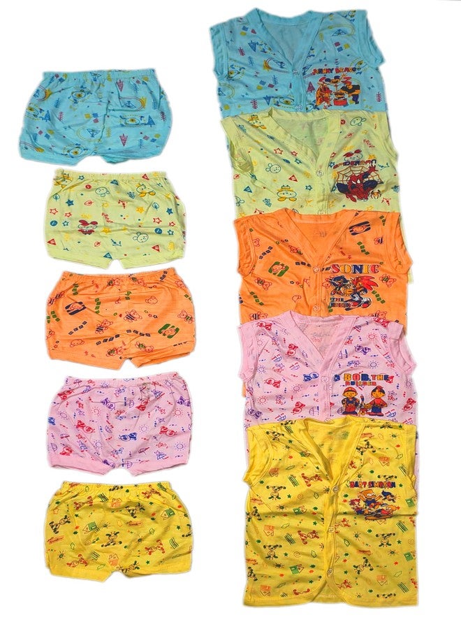YETTALAN® Baby Unisex Cotton Cool 5 Shirts & Matching Shorts Set | 100% Soft Cotton for Infants & Toddlers | Multicolour Combo Pack (0 Months-6 Month) - Image 2