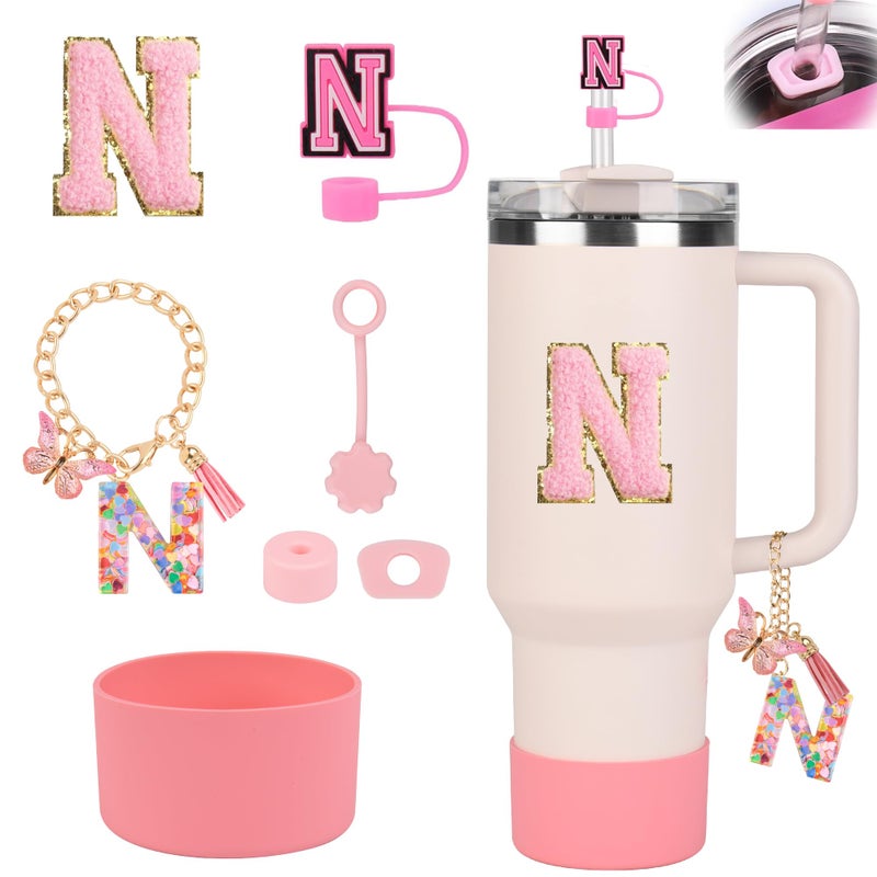 QUNNDY Stanley Cup Accessories Set for Stanley Cup 30oz 40oz Stanley Tumbler Accessories Including Silicone Straw Cover Cap and Boot Spill Proof Stopper Cute Letter Keychain Handle Charm Sticker N