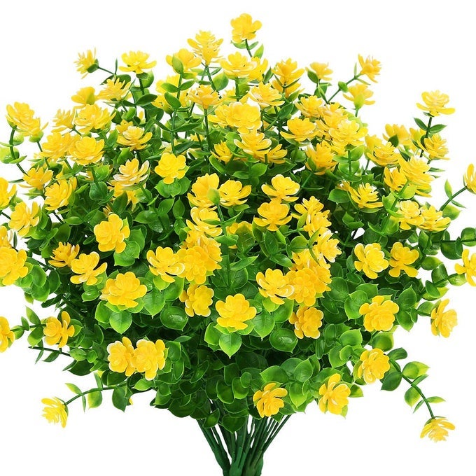 8 Bundles Outdoor Artificial Fake Flowers UV Resistant No Fade Boxwood Faux Plastic Plants for Garden Patio Porch Window Box Home Wedding Farmhouse Dcor Yellow