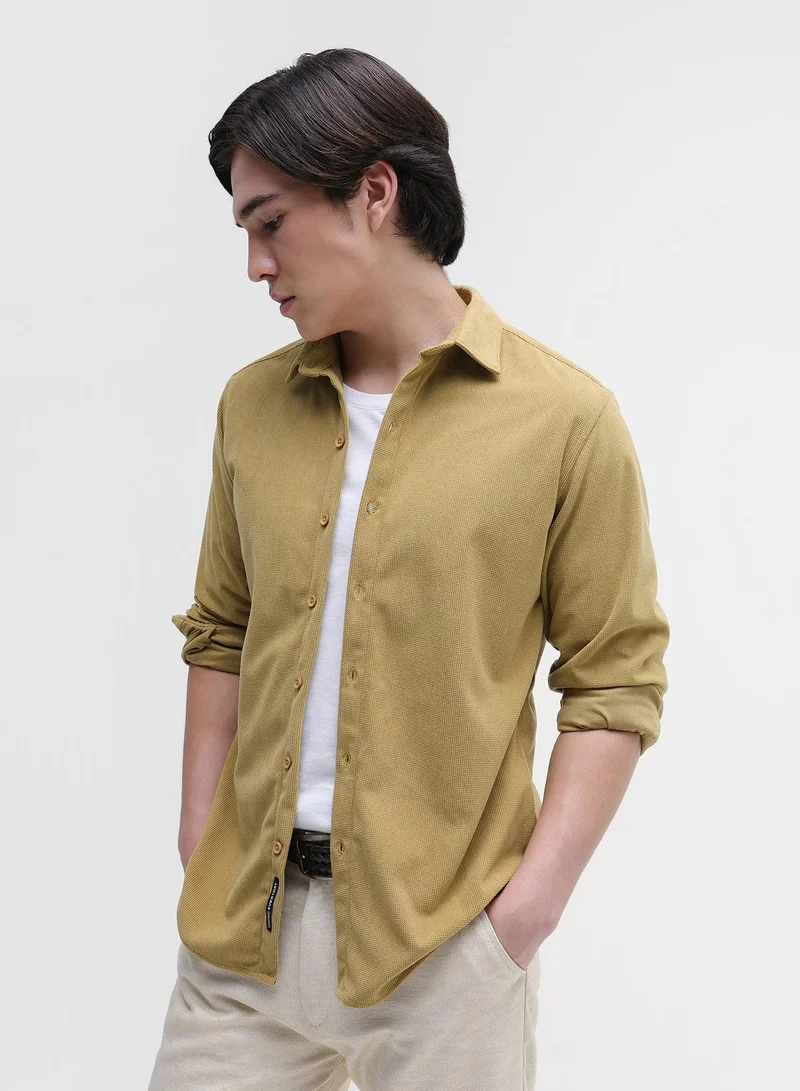 CAHOOT Men's Mustard-Yellow Plain/Basic Regular Shirt For Casual Wear | Collared Neck | Long Sleeve | Button Closure | Polyester Blend Shirt Crafted With Comfort Fit For Everyday Wear