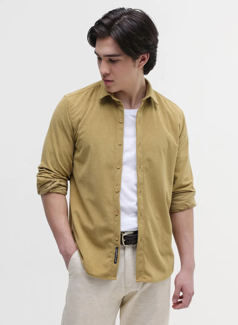 CAHOOT Men's Mustard-Yellow Plain/Basic Regular Shirt For Casual Wear | Collared Neck | Long Sleeve | Button Closure | Polyester Blend Shirt Crafted With Comfort Fit For Everyday Wear