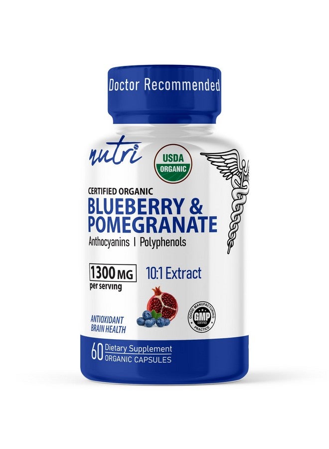 Nature's Fusions Nutri Organic Supplement 1300mg - with 800mg 10:1 Blueberry Extract & 500mg 10:1 Pomegranate Extract - USDA Organic - 60 Capsules - Image 1