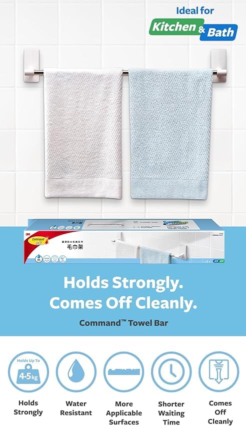 Command 3M Command Towel Bar Hook, Holds up to 4.5 kgs, Drill- Free, No Paint Damage, Water Resistant, Heavy Duty, Great for Bathroom Wall, Shower Area and Kitchen - Image 2