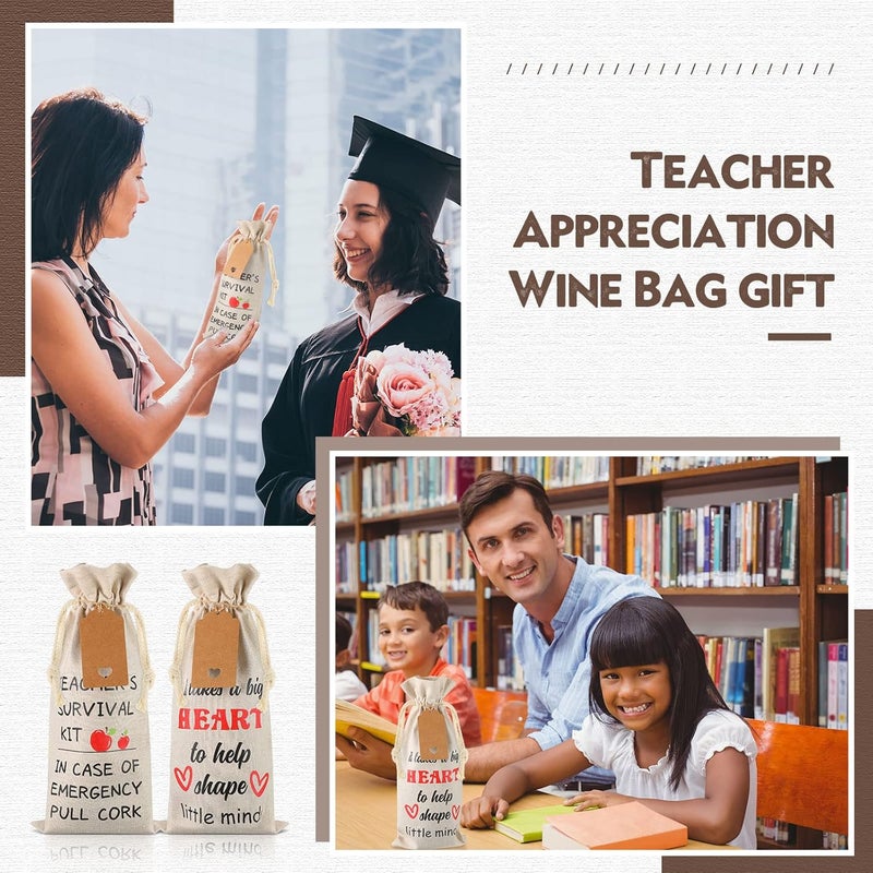 Woanger 6 Pieces Teacher Appreciation Gift Wine Bags for Women Men Burlap Wine Bottle Bags with Drawstrings and Tags End of Year Graduation Thank You Gifts for Teacher - Image 5