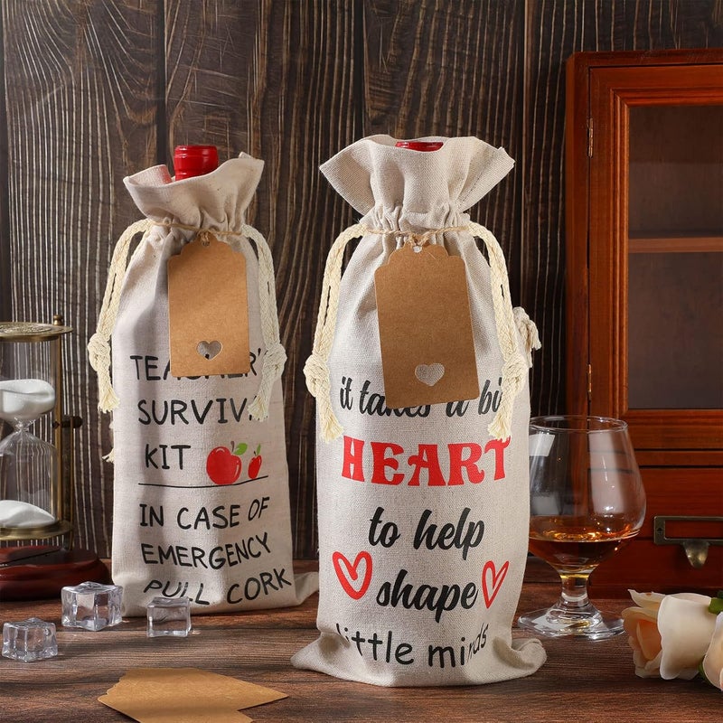 Woanger 6 Pieces Teacher Appreciation Gift Wine Bags for Women Men Burlap Wine Bottle Bags with Drawstrings and Tags End of Year Graduation Thank You Gifts for Teacher - Image 3