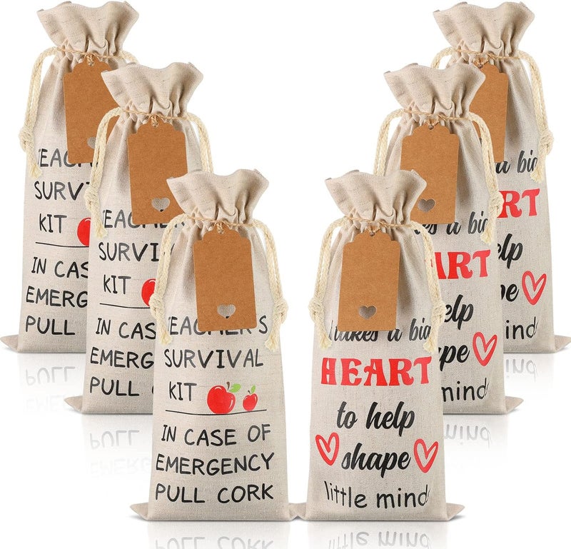 Woanger 6 Pieces Teacher Appreciation Gift Wine Bags for Women Men Burlap Wine Bottle Bags with Drawstrings and Tags End of Year Graduation Thank You Gifts for Teacher - Image 1