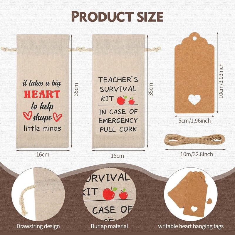 Woanger 6 Pieces Teacher Appreciation Gift Wine Bags for Women Men Burlap Wine Bottle Bags with Drawstrings and Tags End of Year Graduation Thank You Gifts for Teacher - Image 2