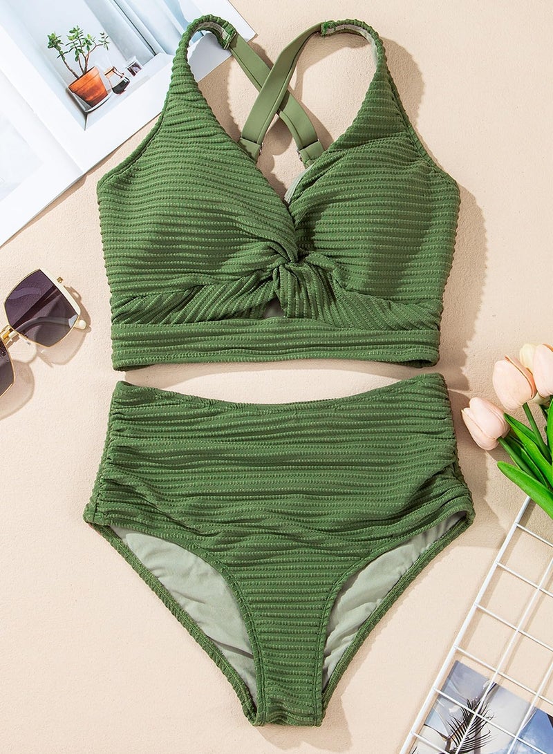 Herseas Women's Bikini Sets V Neck Twist Front Top Swimsuits High Waisted Textured Green Crisscross Sexy Bathing Suits Large - Image 5