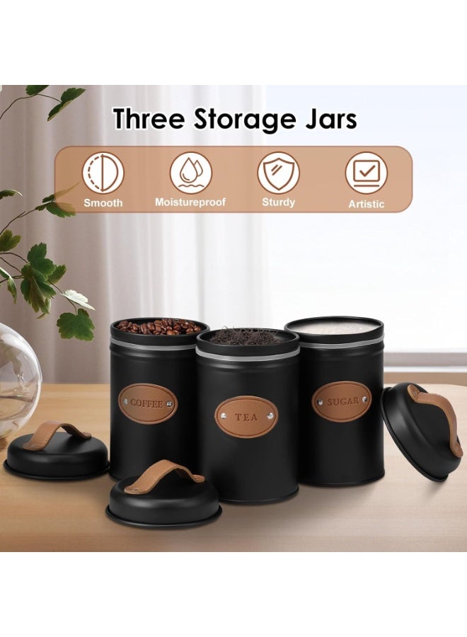Set of 3 Metal Tea, Coffee, Sugar Storage Canisters with Airtight Lid and Leather Handle, Sugar Storage Container for Tea, Coffee, Sugar, Kitchen, Dining Room - Black