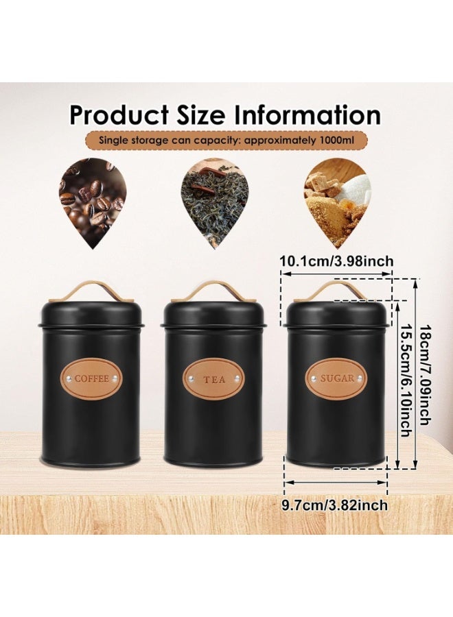 Set of 3 Metal Tea, Coffee, Sugar Storage Canisters with Airtight Lid and Leather Handle, Sugar Storage Container for Tea, Coffee, Sugar, Kitchen, Dining Room - Black