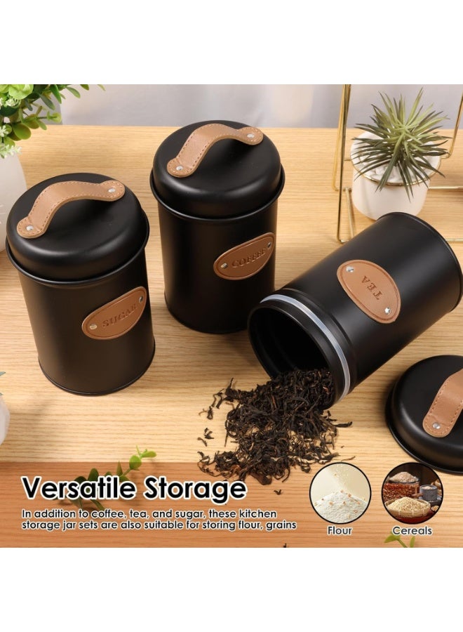 Set of 3 Metal Tea, Coffee, Sugar Storage Canisters with Airtight Lid and Leather Handle, Sugar Storage Container for Tea, Coffee, Sugar, Kitchen, Dining Room - Black