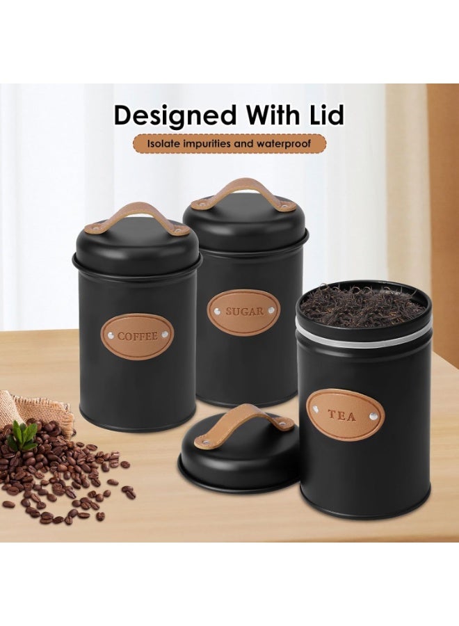 Set of 3 Metal Tea, Coffee, Sugar Storage Canisters with Airtight Lid and Leather Handle, Sugar Storage Container for Tea, Coffee, Sugar, Kitchen, Dining Room - Black