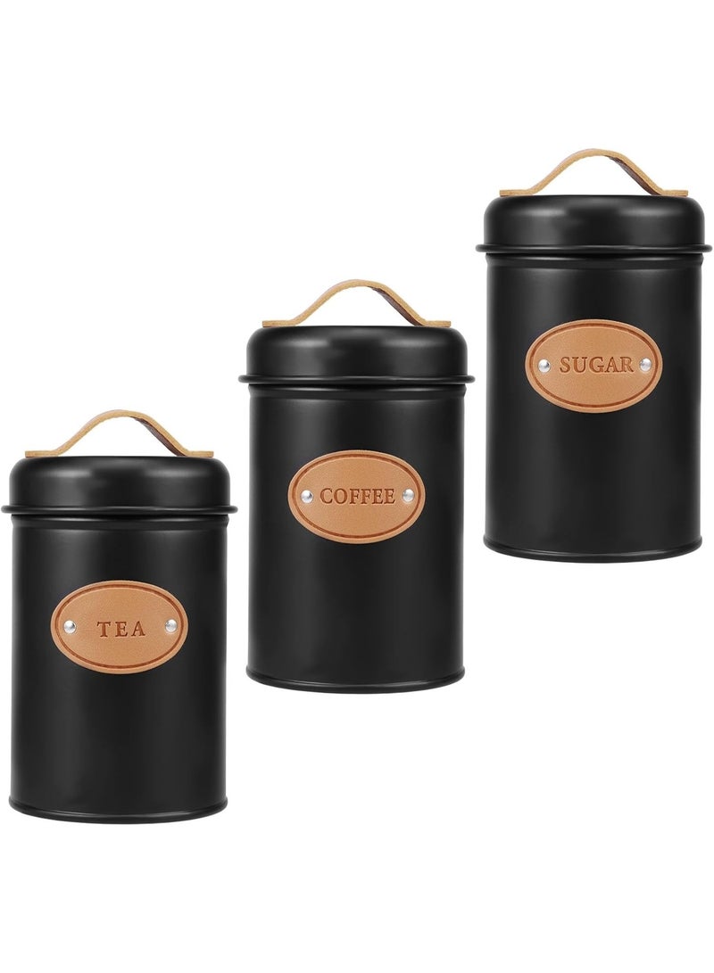 Set of 3 Metal Tea, Coffee, Sugar Storage Canisters with Airtight Lid and Leather Handle, Sugar Storage Container for Tea, Coffee, Sugar, Kitchen, Dining Room - Black