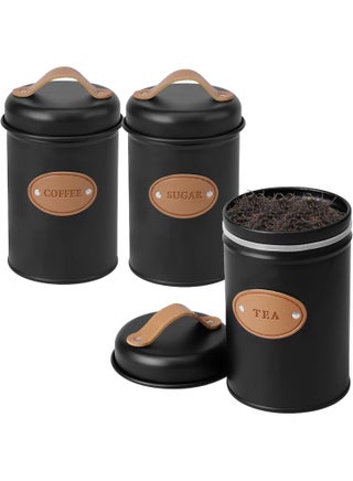Set of 3 Metal Tea, Coffee, Sugar Storage Canisters with Airtight Lid and Leather Handle, Sugar Storage Container for Tea, Coffee, Sugar, Kitchen, Dining Room - Black - pzsku/ZCB0D6173D4D22073FBBBZ/45/1754463079/c01ad0d7-62d0-4fc9-8cac-98927163e5ae