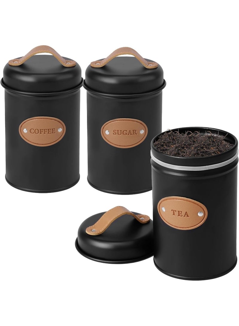 Set of 3 Metal Tea, Coffee, Sugar Storage Canisters with Airtight Lid and Leather Handle, Sugar Storage Container for Tea, Coffee, Sugar, Kitchen, Dining Room - Black