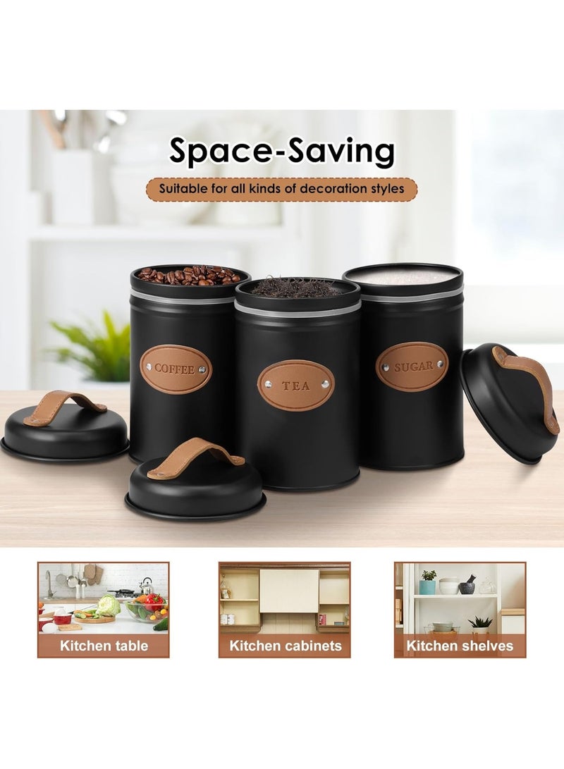 Set of 3 Metal Tea, Coffee, Sugar Storage Canisters with Airtight Lid and Leather Handle, Sugar Storage Container for Tea, Coffee, Sugar, Kitchen, Dining Room - Black