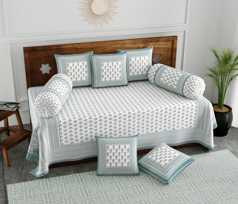 BLOCKS OF INDIA 200Tc Diwan Set Cotton 8 Piece | Deewan Printed Bedsheet Sets for Living Room Hall (Set of 8 Piece, 1-Bed Sheet | 2-Bolster Cover | 5-Cushion Cover (Color 23, White, Green) - Image 1
