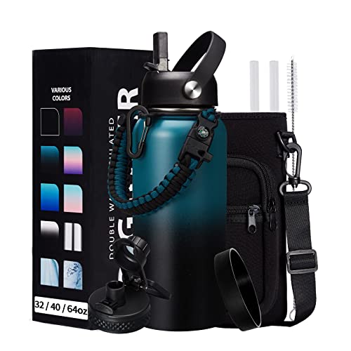 DIGJUPER 32/40/64/128 oz Insulated Water Bottle with straw & Spout Lids Keep Cold 48H Hot 24H, Large Water Flask Bottle with Shoulder Carrier Bag, Paracord Handle & Boot for Gym, Workout & Beach - Image 1