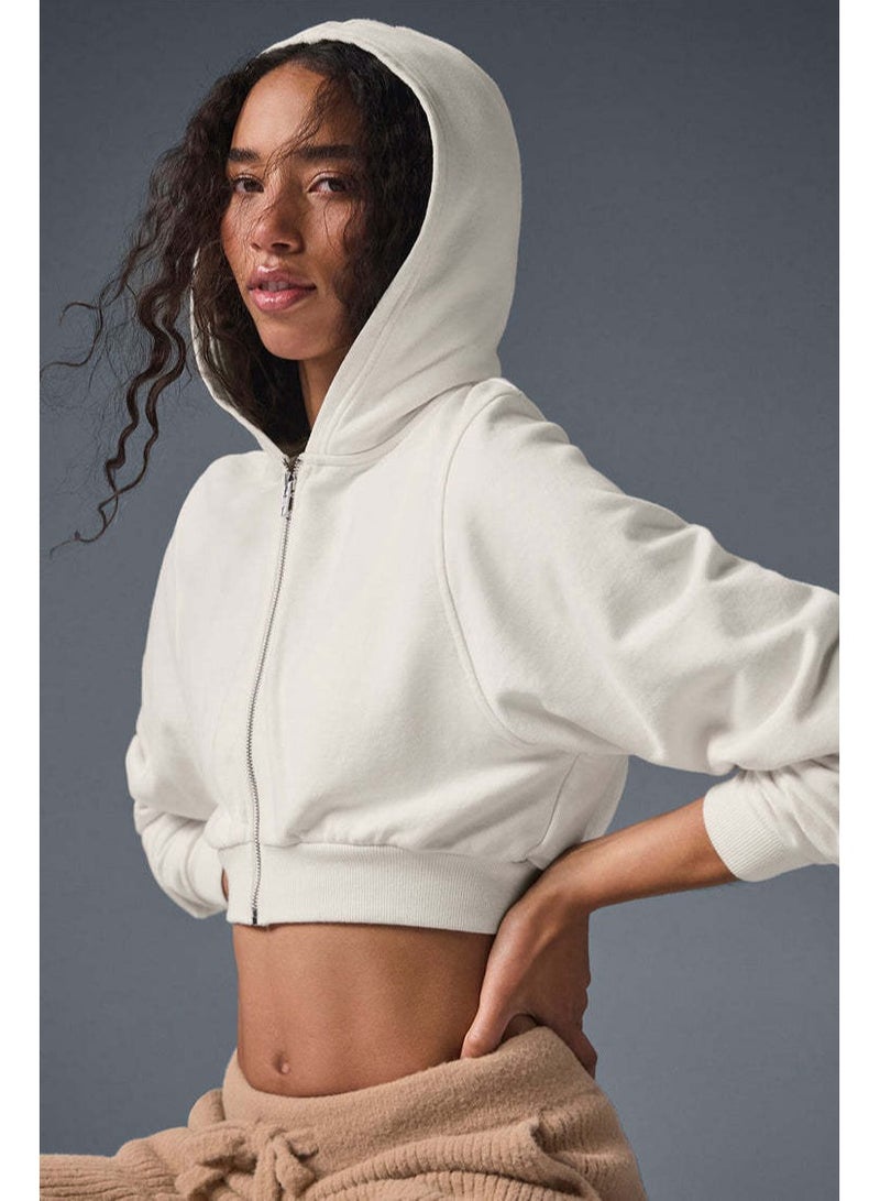 short zipper women's hoodie, spring and autumn high-waisted slimming sports jacket with cap - Image 1