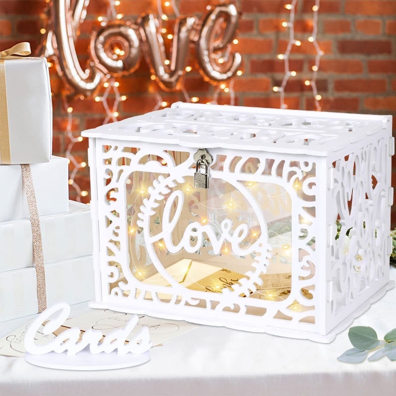 OurWarm DIY White Wedding Card Box with Lock and String Lights PVC Hollow Card Box Graduation Card Box Perfect for Wedding Reception Anniversary Baby Showers Birthdays Bridal or Baby Showers - Image 2
