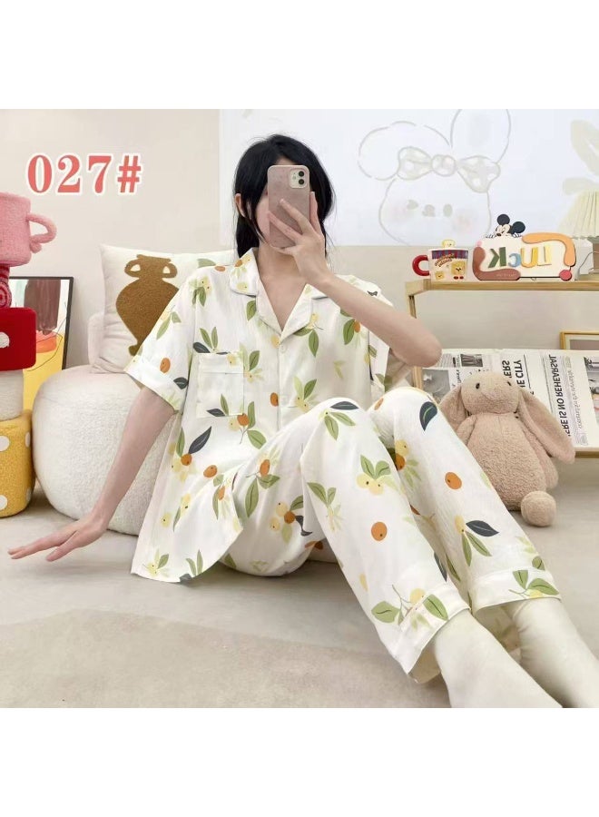 Korean Style Women's Cotton Pajama Set, Soft Cloud Cotton Sleepwear, Short Sleeve Button-Up Top & Long Pants, Free Size