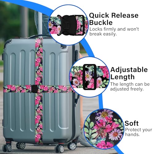 ZHOMA 2 Pack Luggage Straps for Suitcases, Adjustable Travel Belt with Double Lock and Quick Release Buckle, Heavy Duty Nylon Bag Packing Strap, Bright Identifiers Business Travel Accessories-Pink Flowers - Image 4