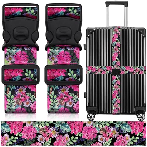 ZHOMA 2 Pack Luggage Straps for Suitcases, Adjustable Travel Belt with Double Lock and Quick Release Buckle, Heavy Duty Nylon Bag Packing Strap, Bright Identifiers Business Travel Accessories-Pink Flowers - Image 1