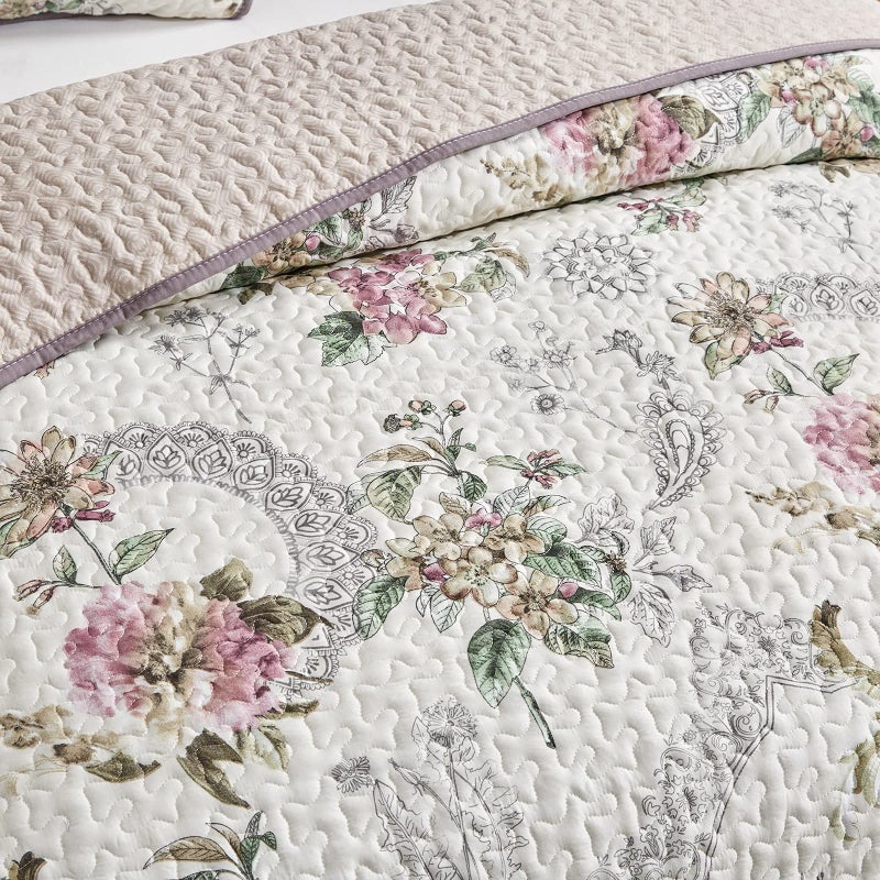 Flysheep 3 Pieces Quilt Set Full/Queen Size, Beige Floral Reversible Bedspread Coverlet Set, Soft Microfiber Lightweight Bed Cover for All Season (90" x 90", 1 Quilt+ 2 Pillow Shams) - Image 4