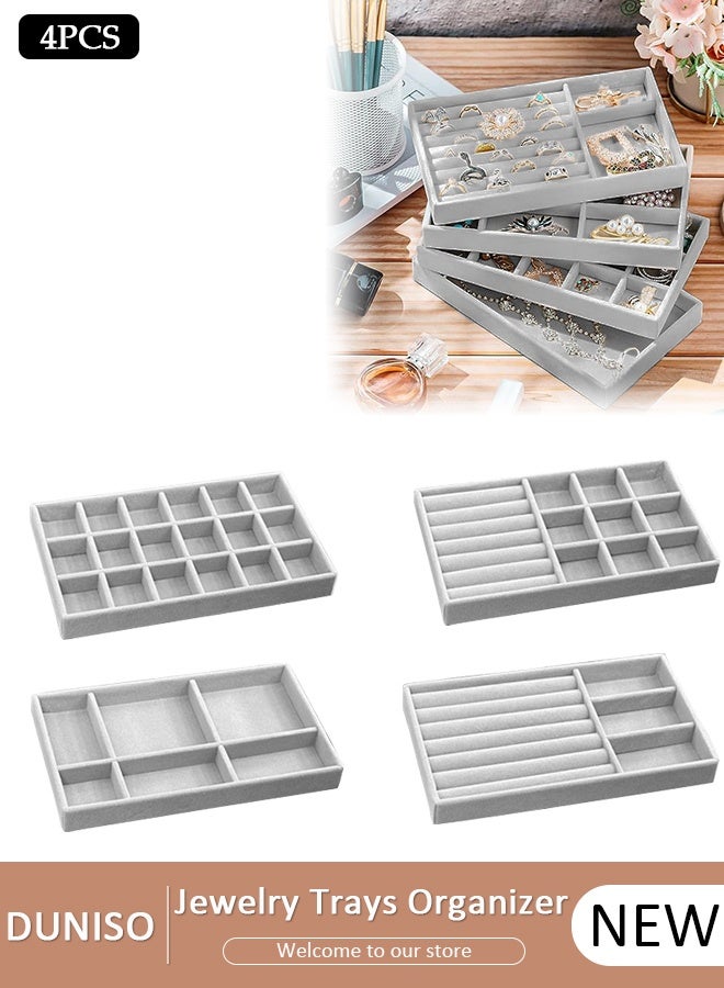 DUNISO صواني مجوهرات قابلة للتكديس، مجموعة من 4 صواني تنظيم الأدراج لملحقات الخزانة للأقراط، الخواتم، الأدوات التكنولوجية ومستحضرات التجميل، منظم عرض لتخزين القلائد وعرض الأساور مع صينية قابلة للإزالة. - Image 1