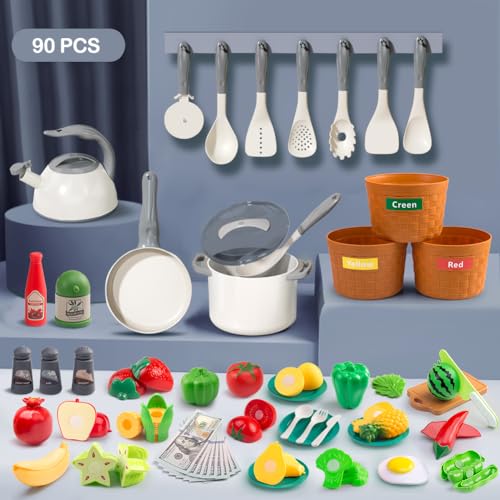 JOKERKING 90Pcs Kitchen Playset Accessories Pretend Cooking with Pots Pans Cookware Food Fruit Veges Color Sorting Baskets Prop Money Learning Gift for Girls Boys Toddlers White - Image 5