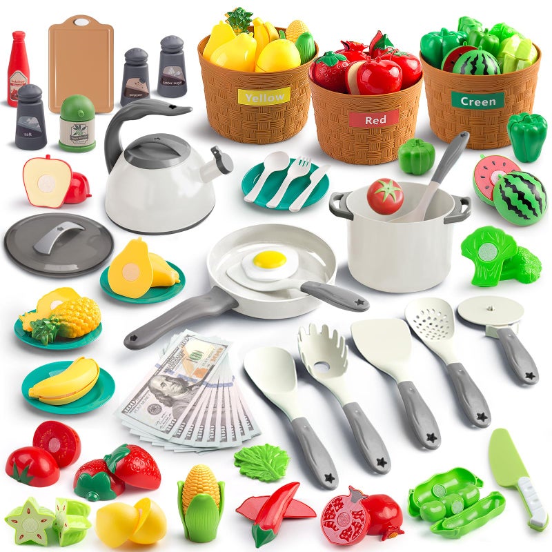 JOKERKING 90Pcs Kitchen Playset Accessories Pretend Cooking with Pots Pans Cookware Food Fruit Veges Color Sorting Baskets Prop Money Learning Gift for Girls Boys Toddlers White - Image 3