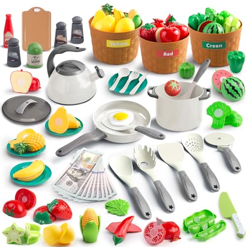 JOKERKING 90Pcs Kitchen Playset Accessories Pretend Cooking with Pots Pans Cookware Food Fruit Veges Color Sorting Baskets Prop Money Learning Gift for Girls Boys Toddlers White - Image 1