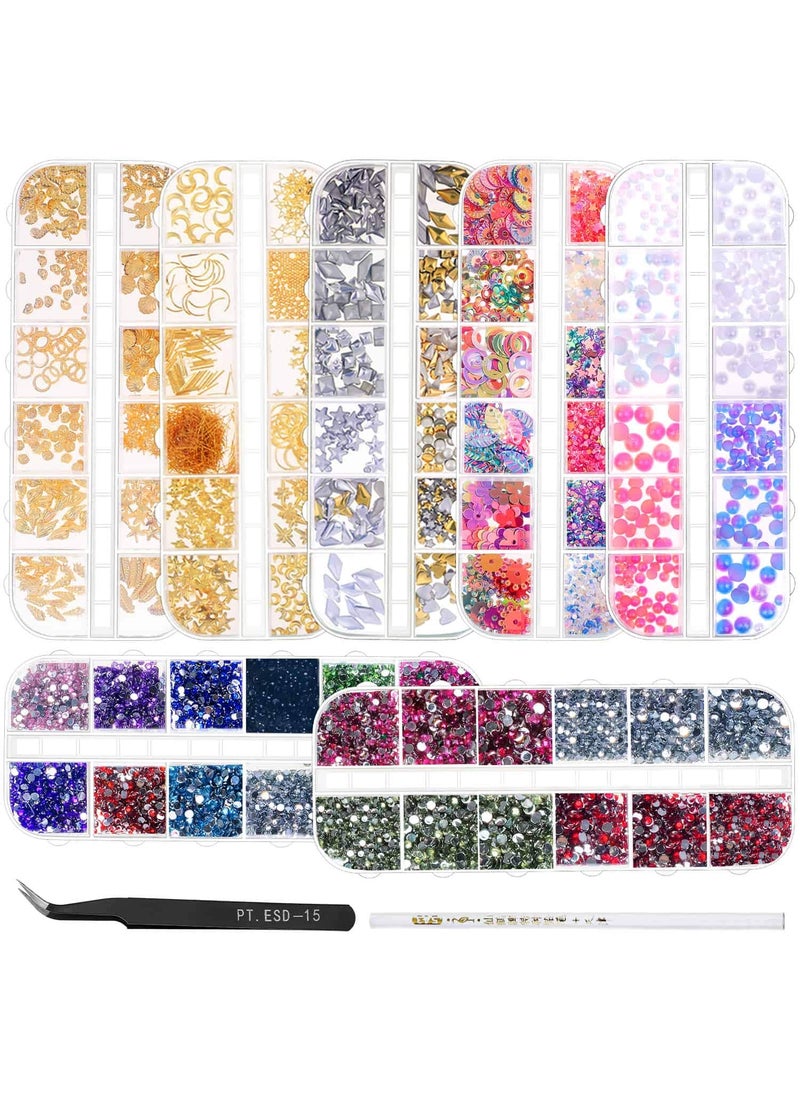 anezus Anezus 7 Boxes Nail Rhinestones Nail Art Supplies Nail Studs 3D Nail Gems Jewels with Pickup Tools for Nails Decoration Makeup Clothes Shoes 