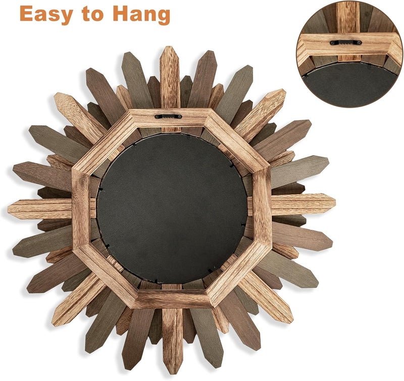 Emfogo Wall Mirror 21 inch Large Rustic Wood Boho Mirror Wall Decor Boho Room Decor Home Decor Aesthetic Farmhouse Decor for Bedroom Living Room Entryway(Tri-Color) - Image 5