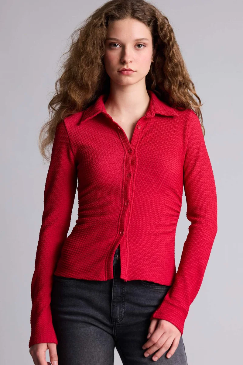 ديفاكتو Fitted Shirt Collar Crepe Long Sleeve Shirt