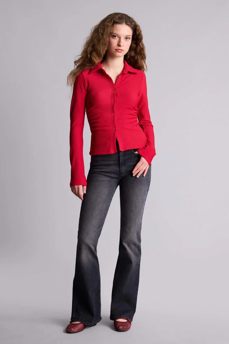 ديفاكتو Fitted Shirt Collar Crepe Long Sleeve Shirt