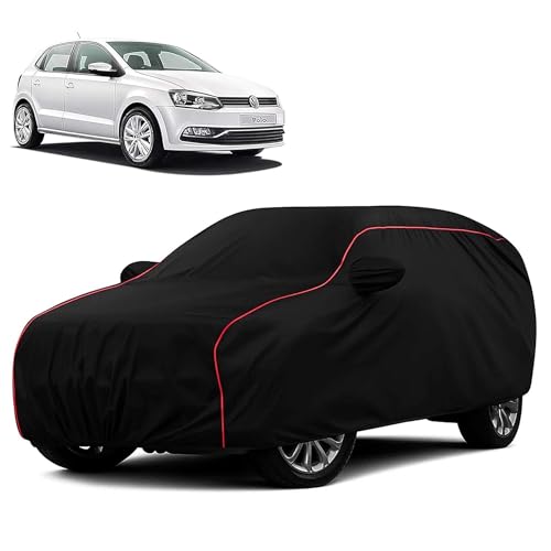 Sulfar 100% Water Resistant Car Body Cover Compatible with Mirror for Volkswagen Polo (Triple Stitched, Full Bottom Elastic, Black with Red Piping) - Image 1