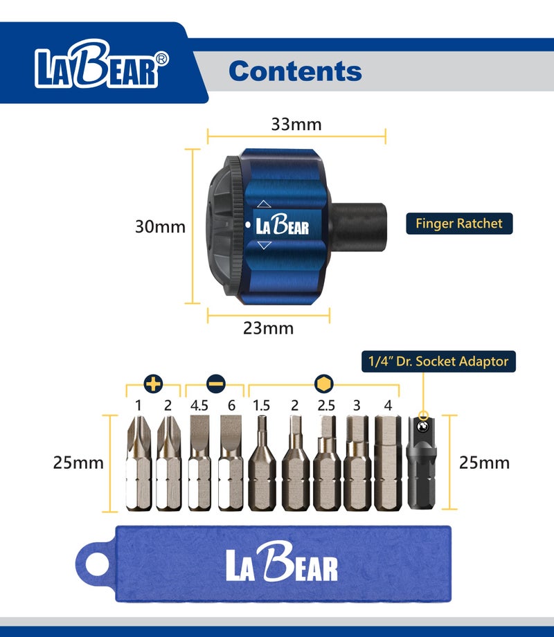LABEAR 11pcs 1/4"DR Palm Ratchet kit, Mini Ratchet,Finger Ratchet,Gear Ratchet, Screwdriver Bits with Philips,Slotted - Image 2