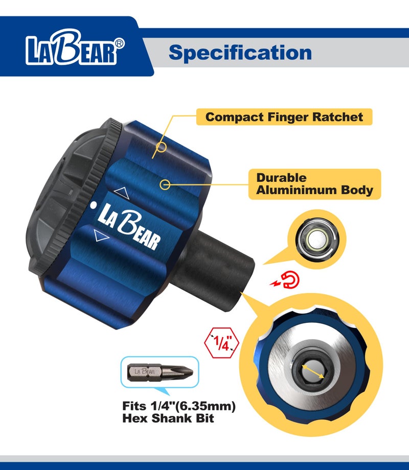 LABEAR 11pcs 1/4"DR Palm Ratchet kit, Mini Ratchet,Finger Ratchet,Gear Ratchet, Screwdriver Bits with Philips,Slotted - Image 3