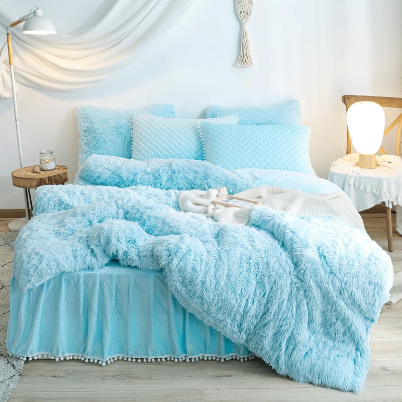 HAIHUA Fluffy Blue Comforter Cover King Set, Soft Furry Fuzzy Blue Bedding King Set 3 Pieces (1 Shaggy Duvet Cover + 2 Plush Pillow Cases) Faux Fur Bed Set, Zipper Closure - Image 1
