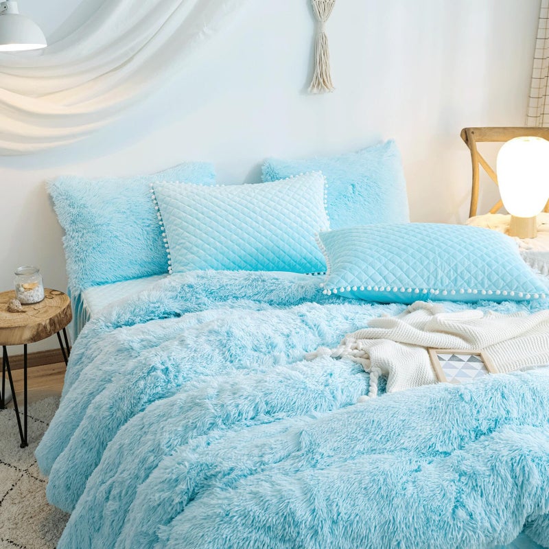 HAIHUA Fluffy Blue Comforter Cover King Set, Soft Furry Fuzzy Blue Bedding King Set 3 Pieces (1 Shaggy Duvet Cover + 2 Plush Pillow Cases) Faux Fur Bed Set, Zipper Closure - Image 5