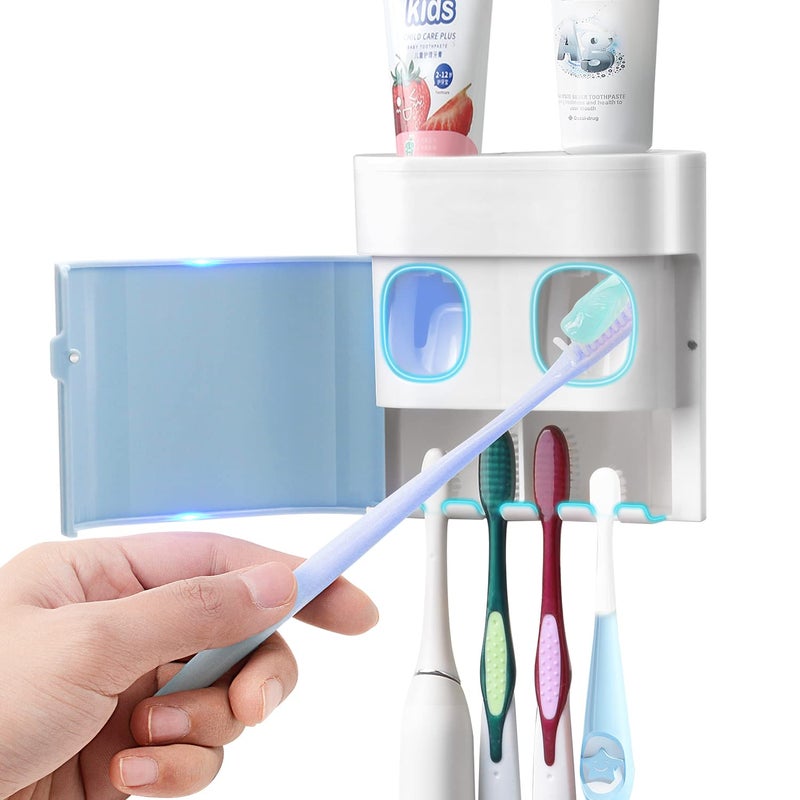 Toothbrush Holder Toothpaste Dispenser Wall Mounted with Cover 4 Slots Electric Tooth Brush Storage Organizer with 2 Automatic Kids Toothpaste Squeezers for Shower Bathroom Blue Self Adhesive