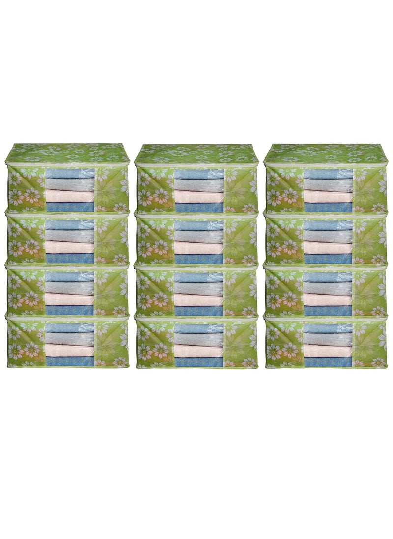 AARON INC AARON INC Saree Cover With Zip Saree Organizer for Wardrobe Storage Bags For Clothes Large Non Woven Saree Bag Transparent Window Cloth Packing Bag Floral Print Green Pack of 12  - Image 1