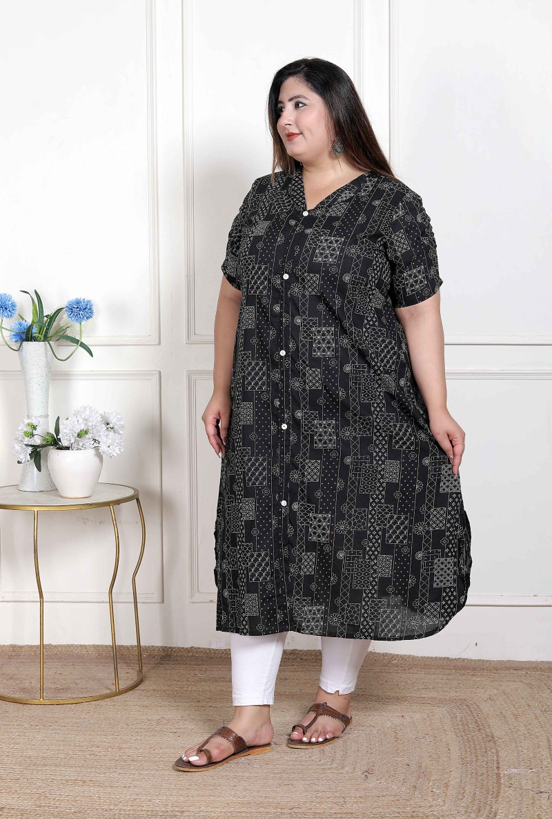 Miravan WOMENS Plus Size  Pure Cotton Black Floral Printed Front Button A-Line Kurta - Image 4